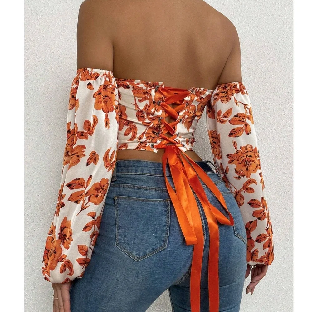 Boho Floral Print Lace up Off Shoulder Corset Top - Picture 7 of 15